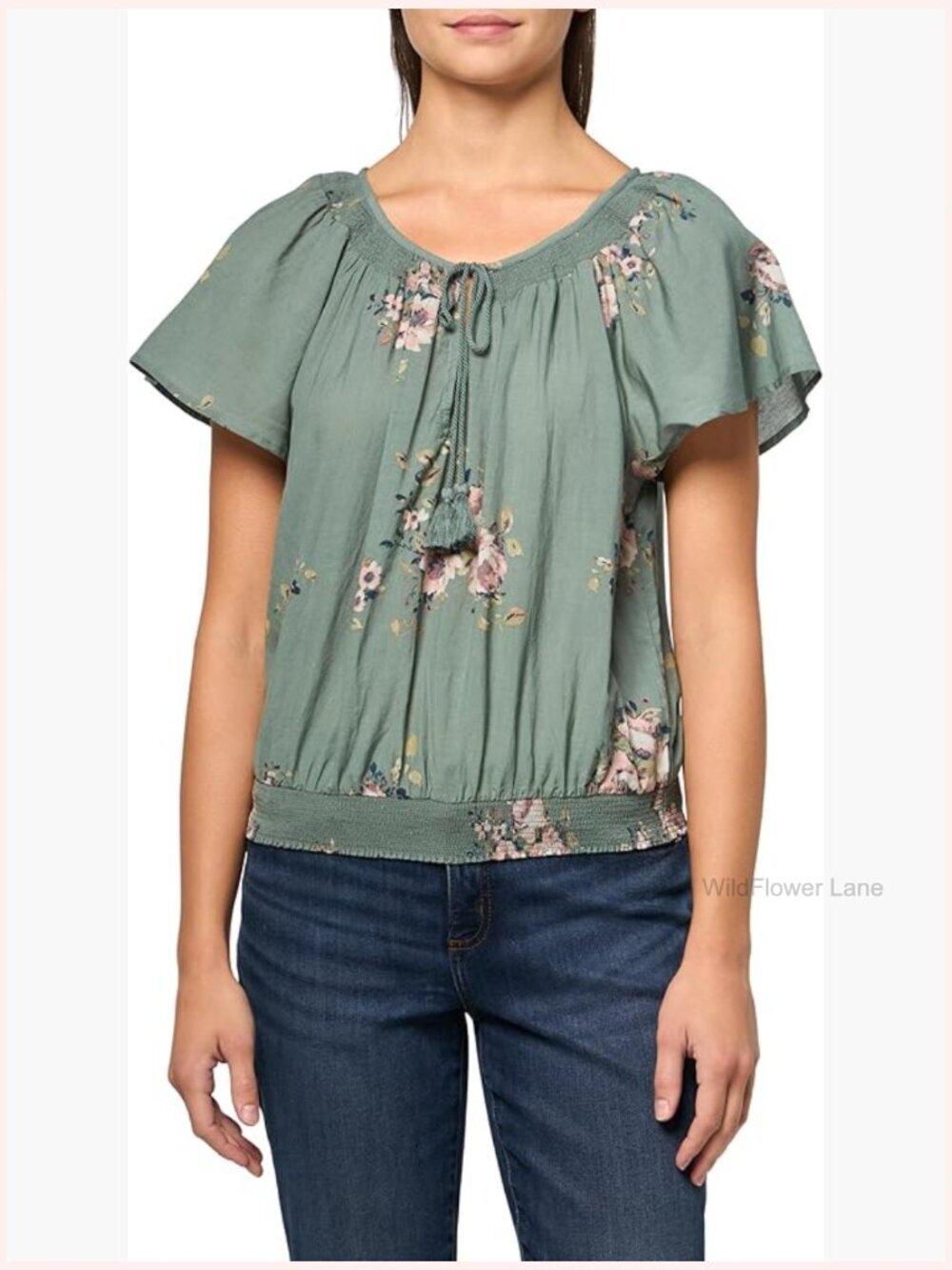 Short Flutter Sleeve Peasant Top Scoop Neck Tunic